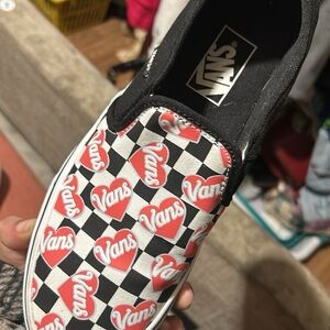 VANS Checkerboard Red Black White Hearts Slip On Sneakers